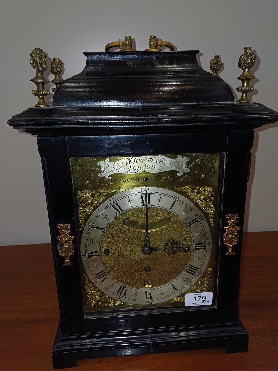 An Ebonised Chiming Table Clock, signed W Tomlinson, London, early 18th century, inverted bell top - Bild 24 aus 25