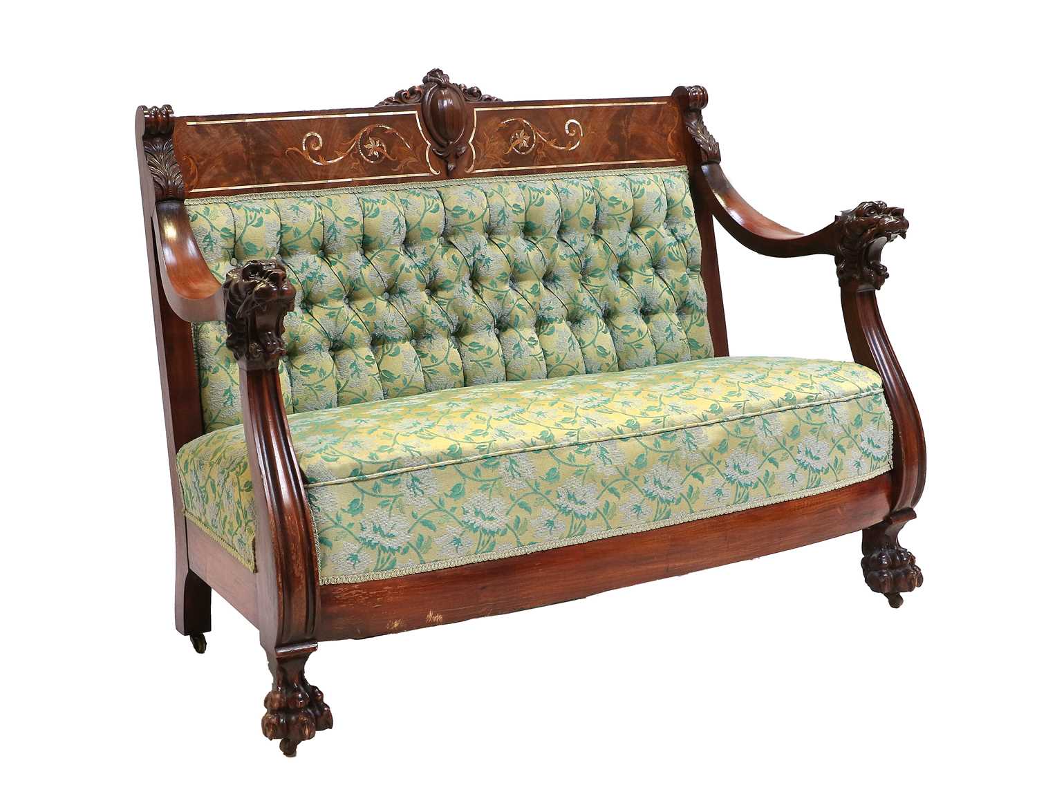 A Late 19th Century American Carved Mahogany, Marquetry and Mother-of-Pearl-Inlaid Two-Seater