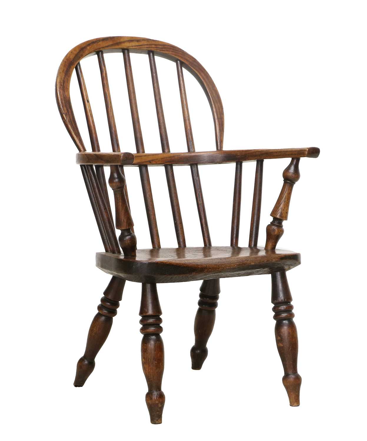 A Mid 19th Century Child's Ash Windsor Armchair, with double spindle back support and turned spindle