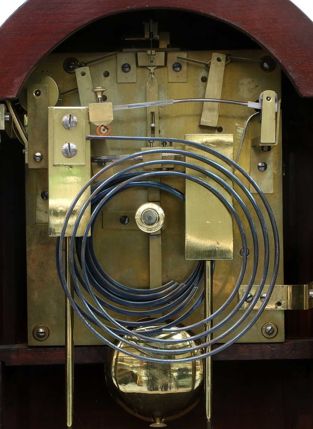 A Mahogany Chiming Table Clock, circa 1900, arched pediment with brass ball finials, stop brass - Image 4 of 5