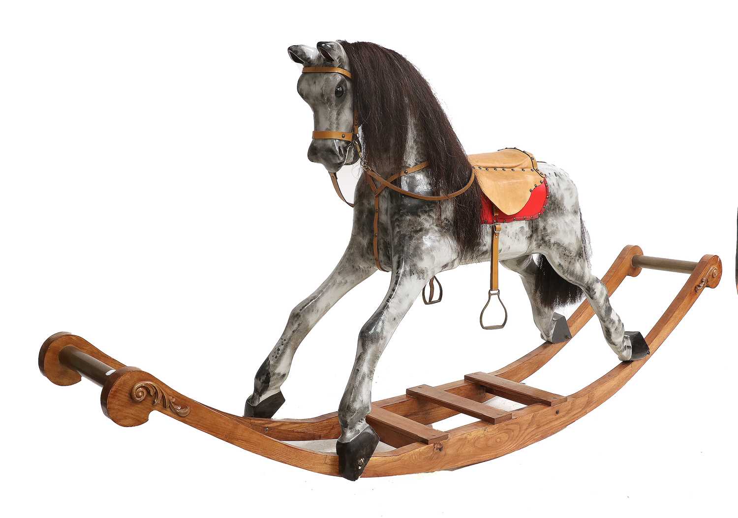 A Victorian-Style Dapple Grey Rocking Horse on Stand, modern, with close-nailed leather saddle and