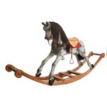 A Victorian-Style Dapple Grey Rocking Horse on Stand, modern, with close-nailed leather saddle and