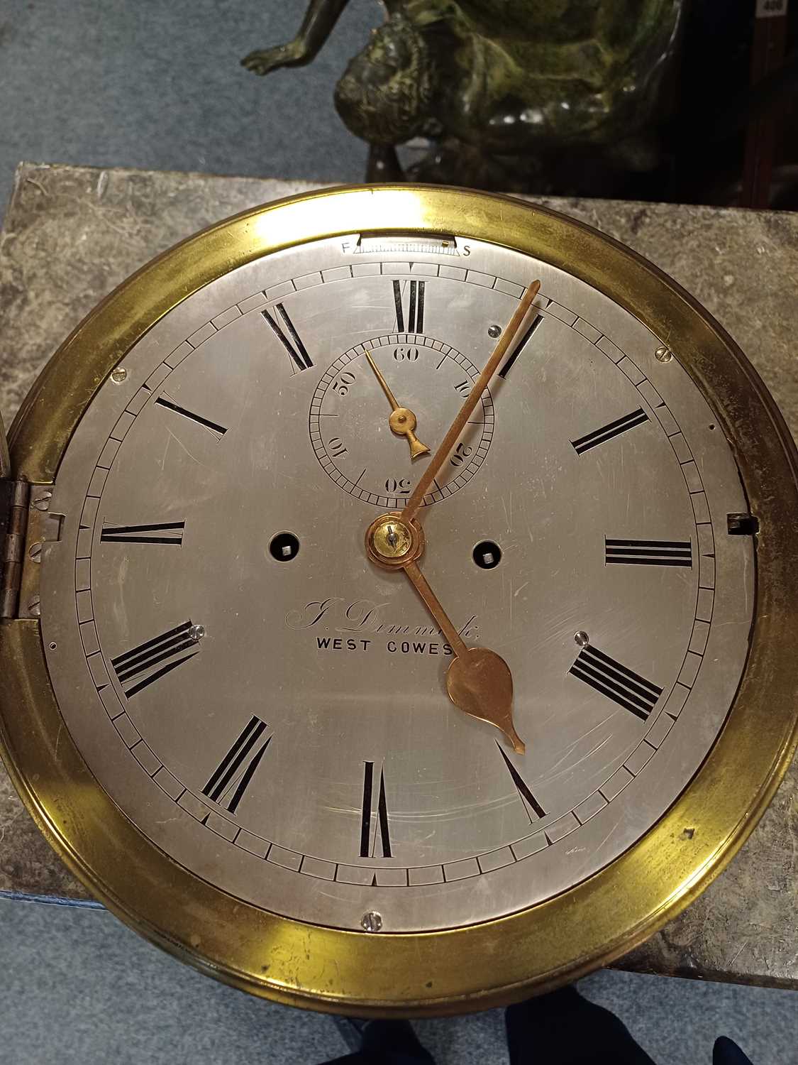 A Ships Type BulkHead Striking Wall Clock, signed J Dimmick, West Cowes, circa 1890, brass cast - Image 6 of 16
