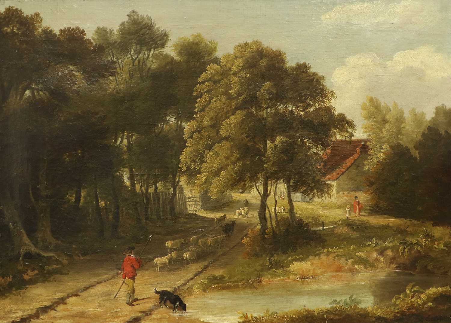 British School (Early 19th Century) A shepherd and his flock on a wooded country pathway