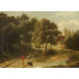 British School (Early 19th Century) A shepherd and his flock on a wooded country pathway