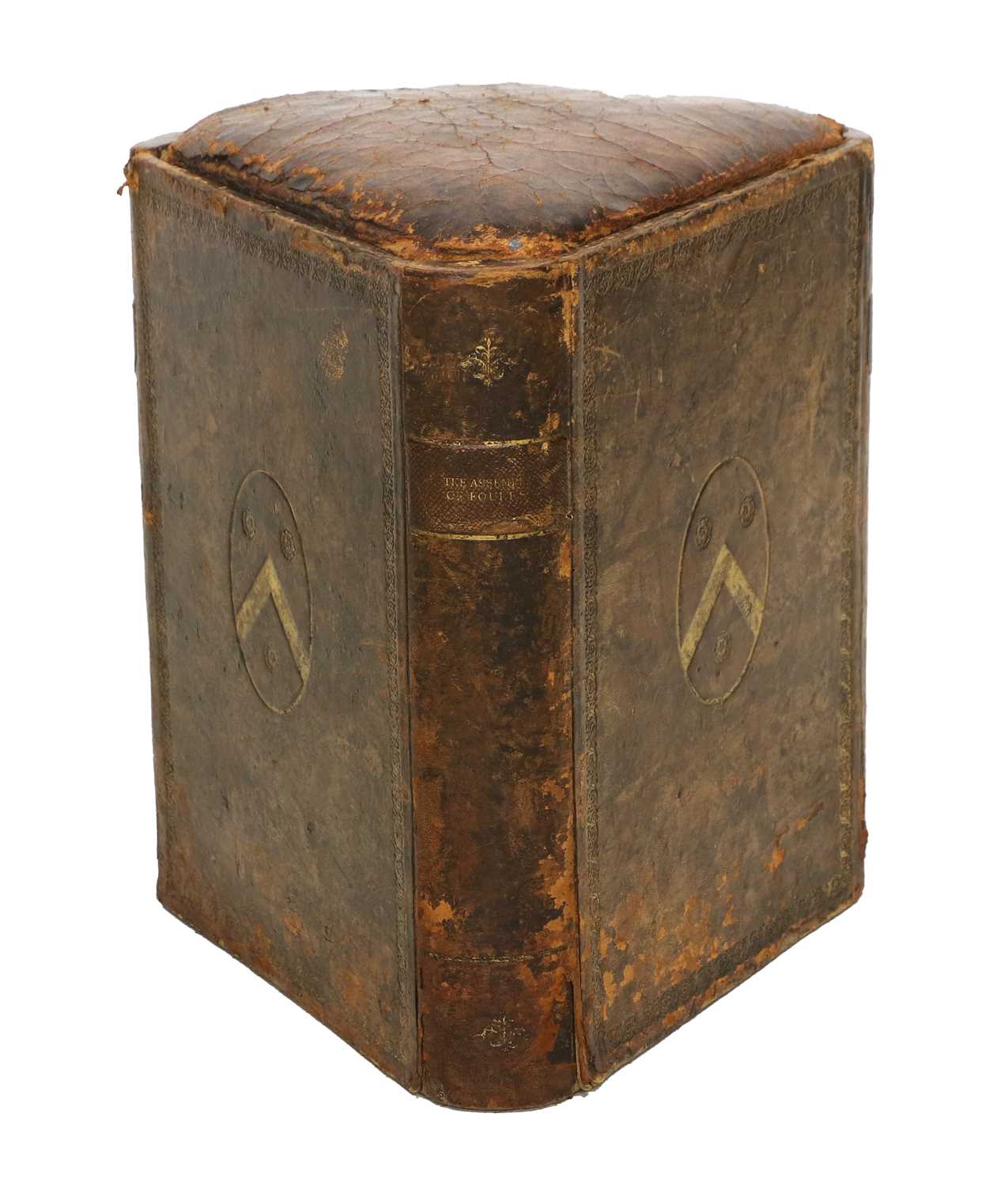 A Brown and Gilt-Tooled Leather Triangular Stool, late 19th/early 20th century, the corners as - Image 2 of 8