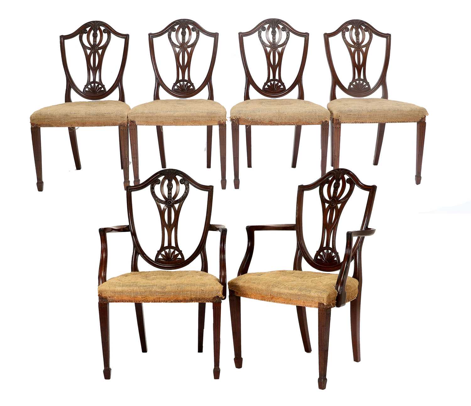 A Set of Six (4+2) George III Hepplewhite-Style Dining Chairs, late 18th century, the shield-