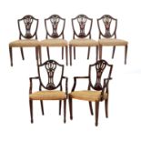 A Set of Six (4+2) George III Hepplewhite-Style Dining Chairs, late 18th century, the shield-