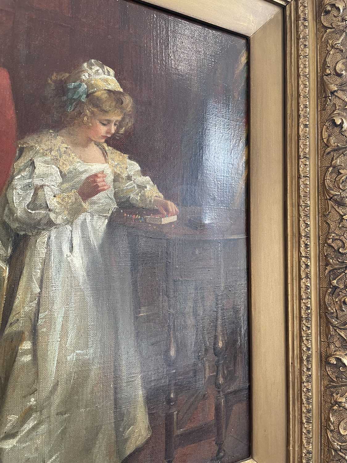 British School (Later 19th Century) Stringing a necklace - young lady standing in an interior - Bild 10 aus 11