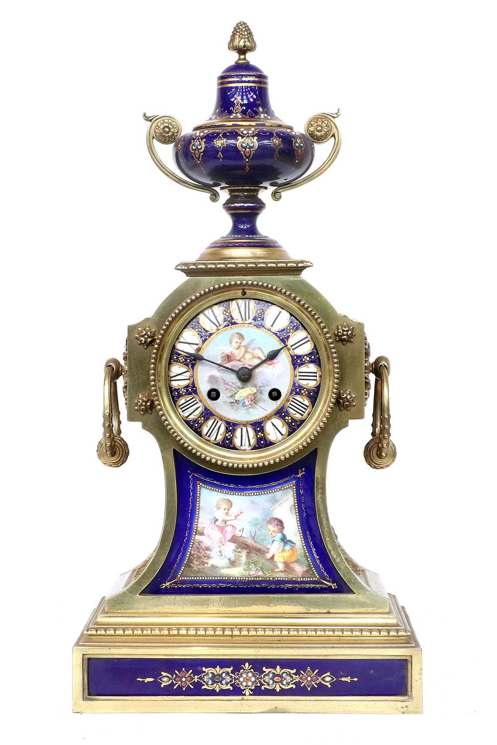 A French Gilt Metal and Blue Porcelain Mounted Striking Mantel Clock, retailed by Arnold & Lewis,