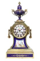 A French Gilt Metal and Blue Porcelain Mounted Striking Mantel Clock, retailed by Arnold & Lewis,