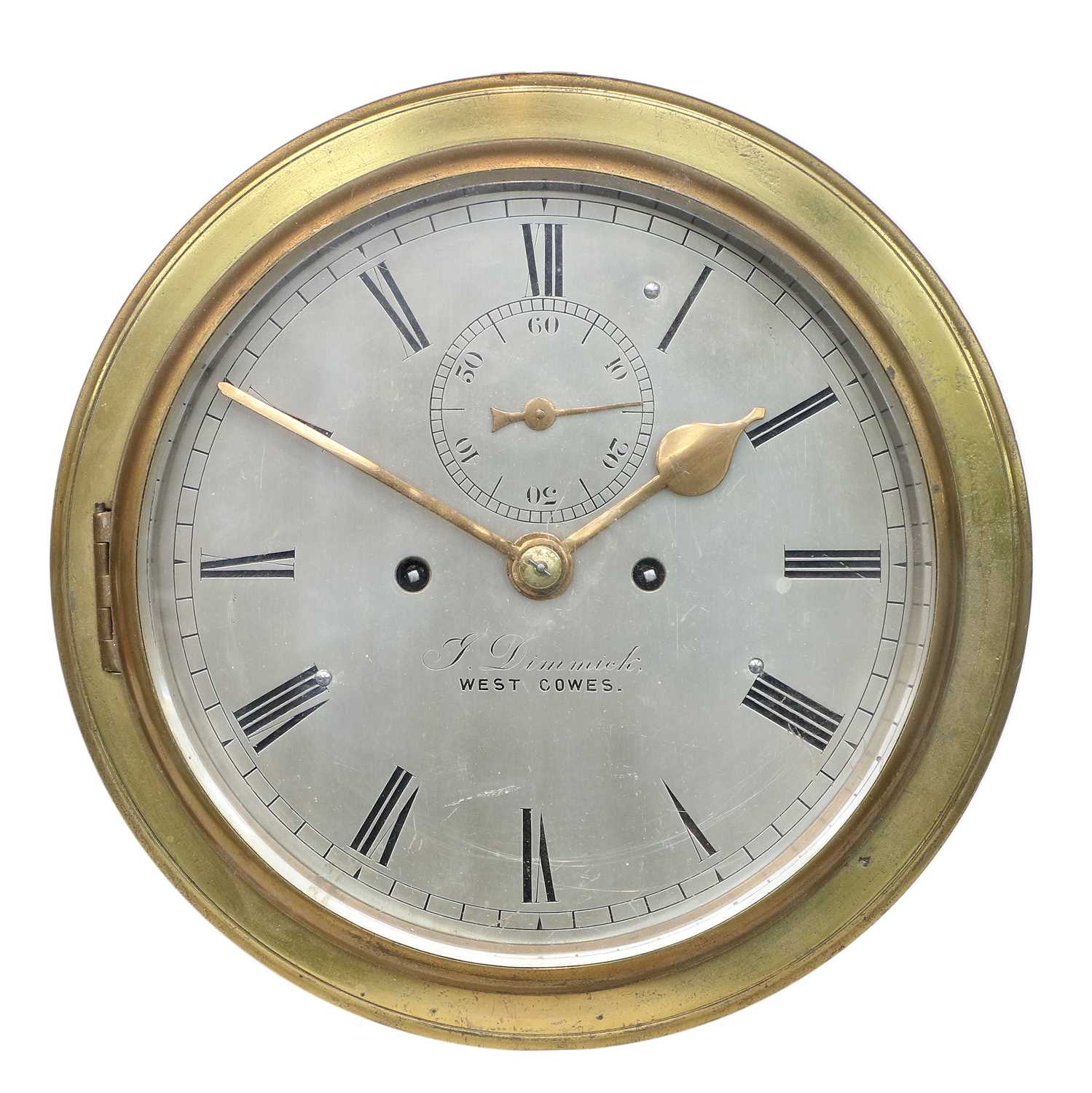 A Ships Type BulkHead Striking Wall Clock, signed J Dimmick, West Cowes, circa 1890, brass cast
