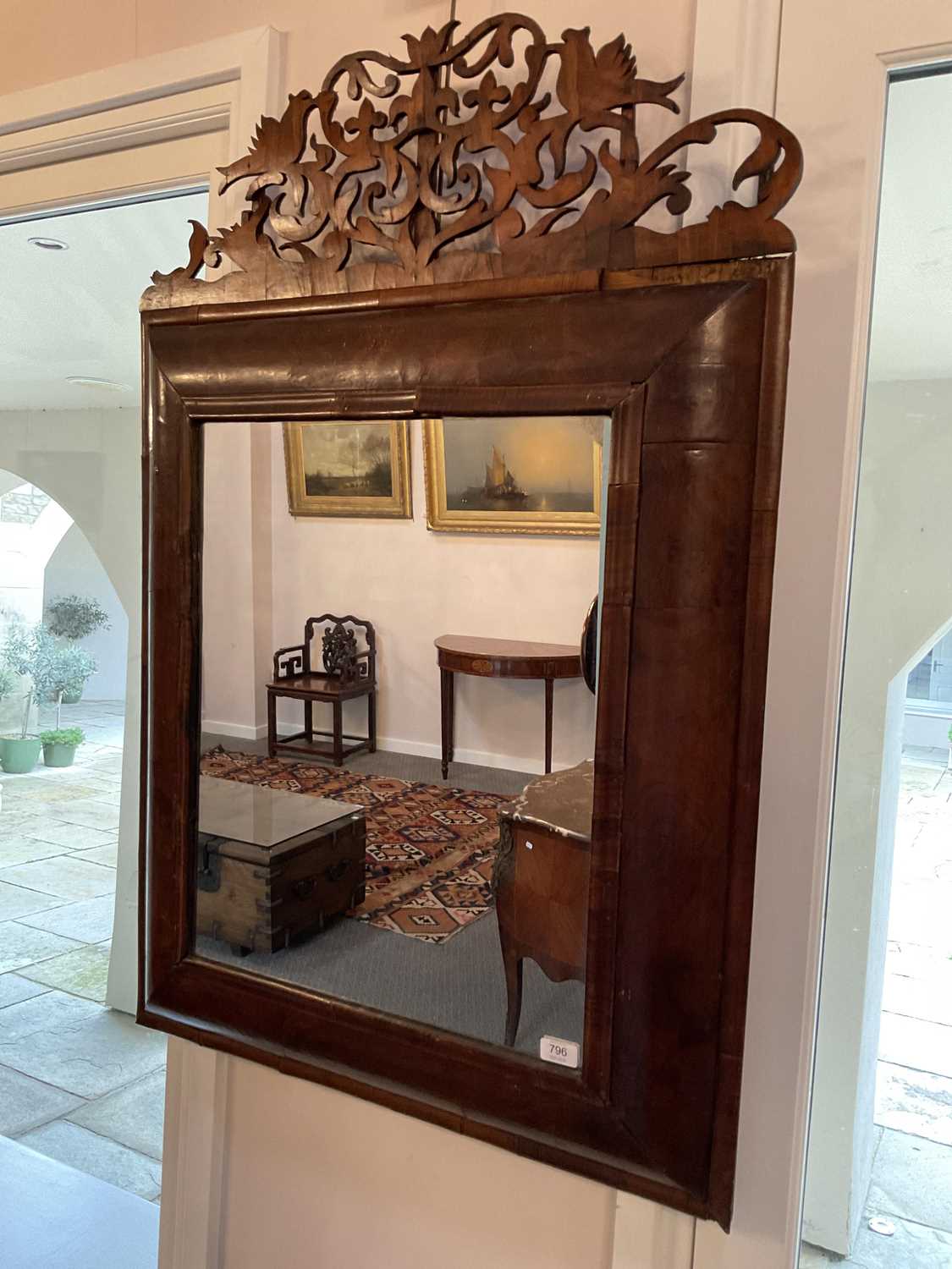 A William & Mary Walnut Cushion-Framed Wall Mirror, the later plain mirror plate within a moulded - Image 3 of 5