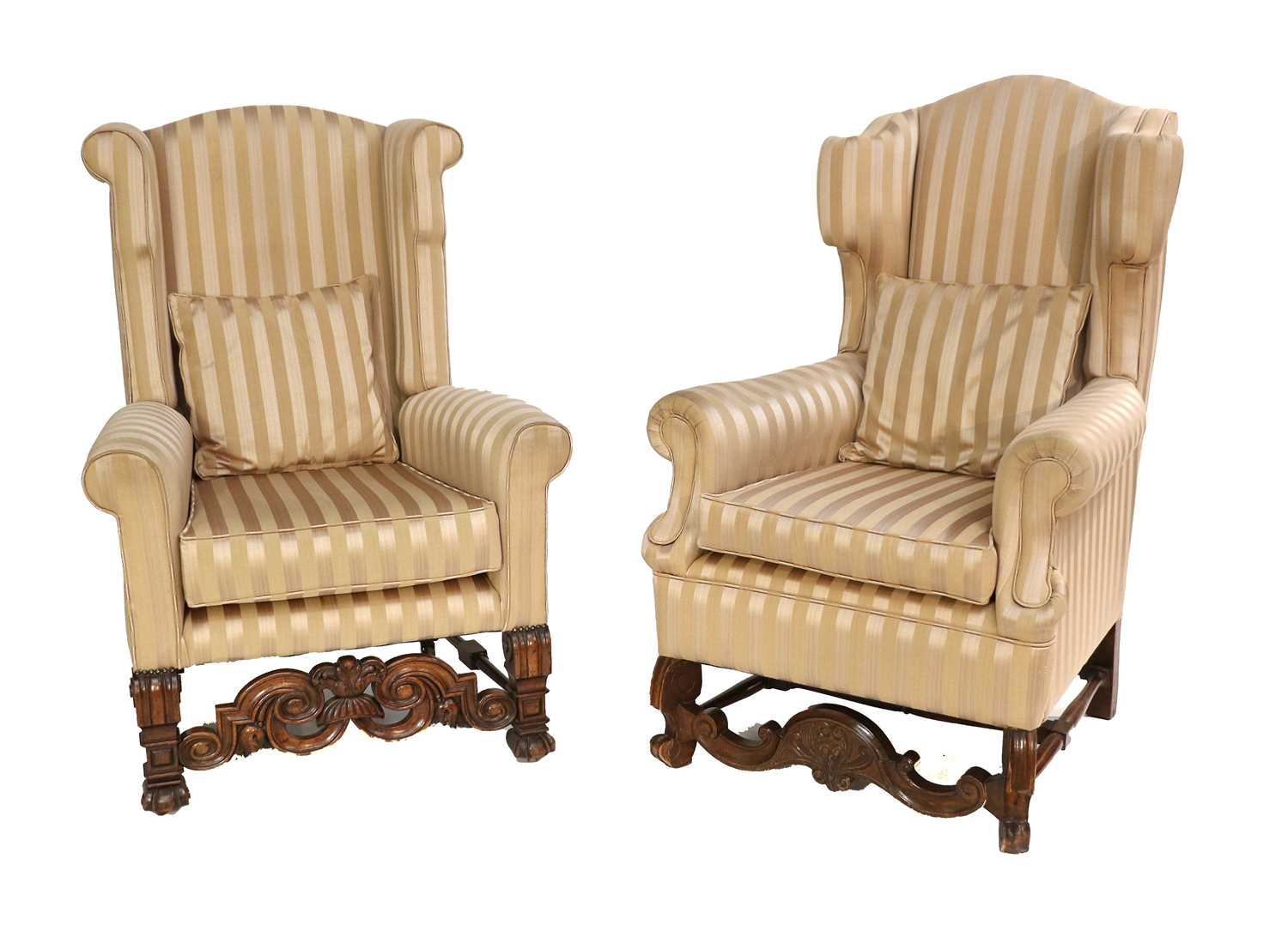 A Pair of William & Mary-Style Walnut Armchairs, early 20th century, recovered in beige and gold