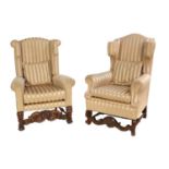 A Pair of William & Mary-Style Walnut Armchairs, early 20th century, recovered in beige and gold