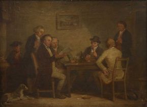 Circle of Thomas Webster RA (1800-1886) Reading the news Oil on canvas laid onto panel, 28.5cm by