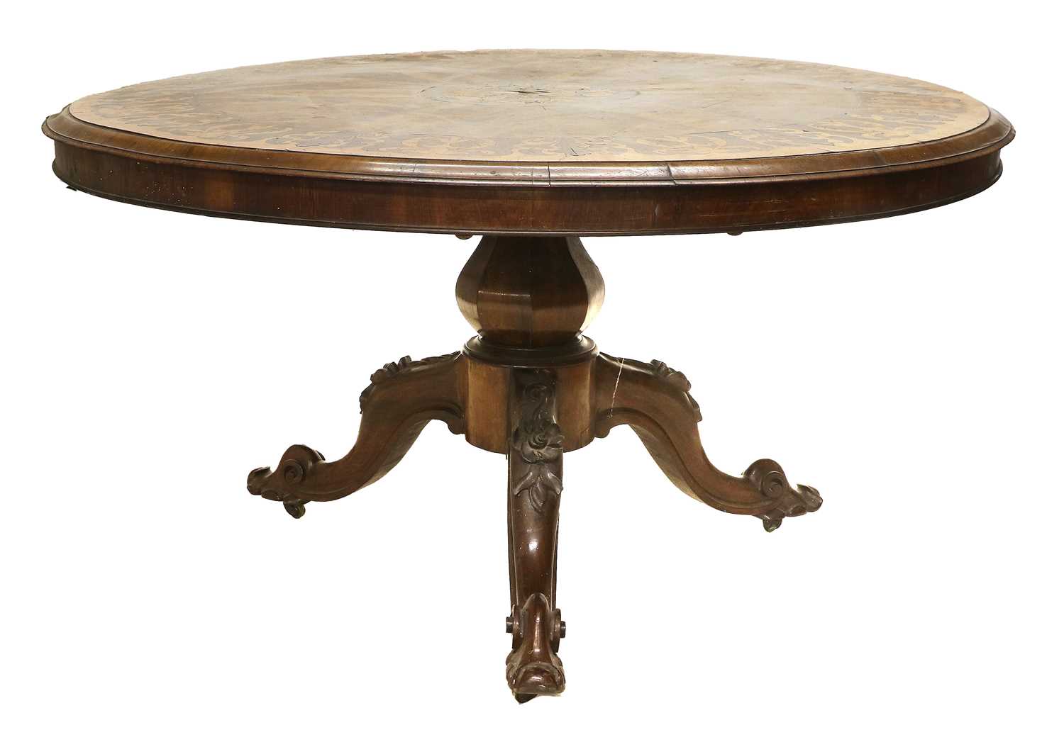 A Victorian Rosewood and Marquetry-Inlaid Circular Dining Table, circa 1870, the moulded top with