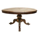 A Victorian Rosewood and Marquetry-Inlaid Circular Dining Table, circa 1870, the moulded top with