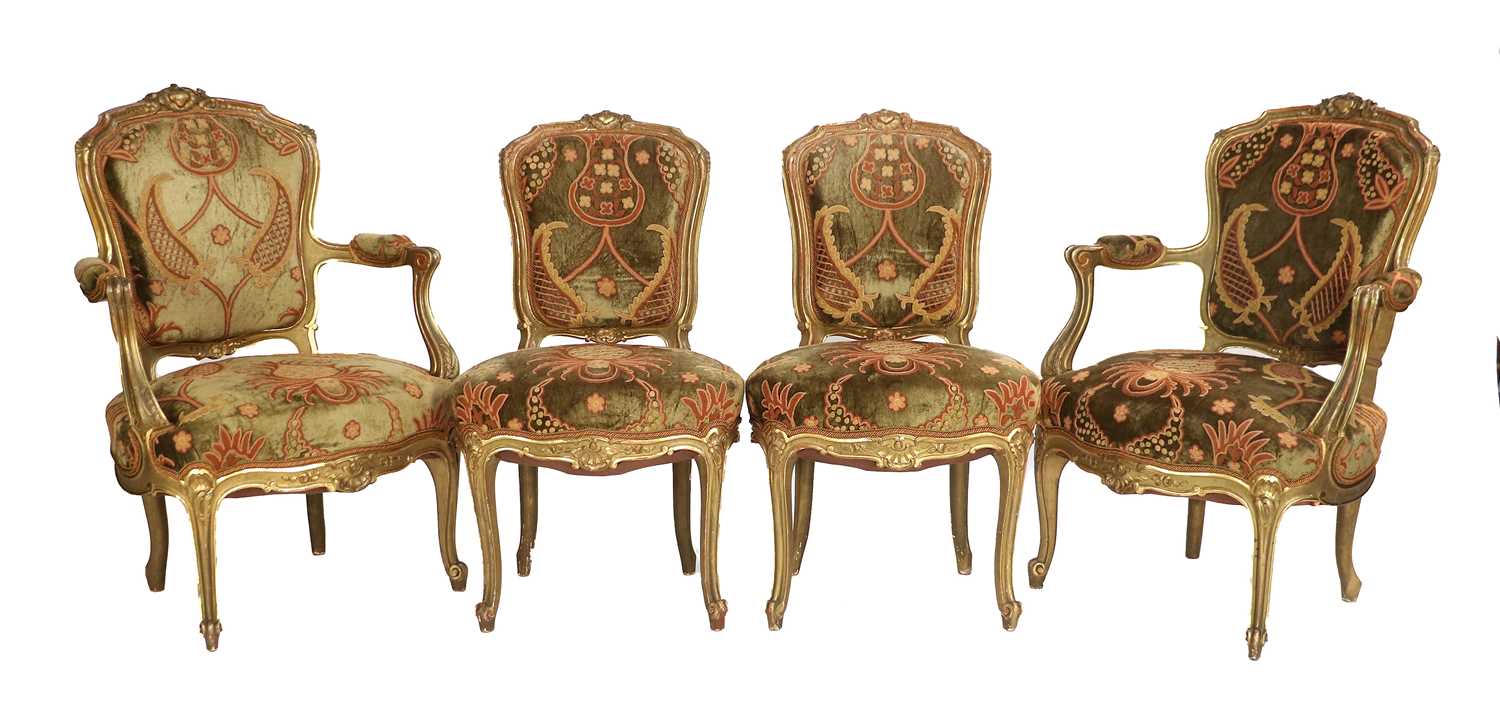 A Victorian Gilt and Gesso Five-Piece Salon Suite, late 19th century, recovered in modern - Image 2 of 3