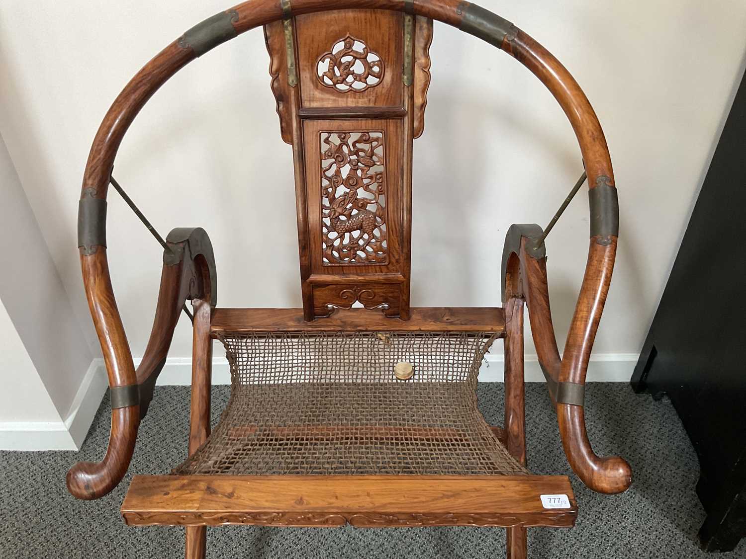 A Pair of 20th Century Chinese Hardwood Horseshoe-Back Folding Chairs, each with metal bands and - Image 3 of 16