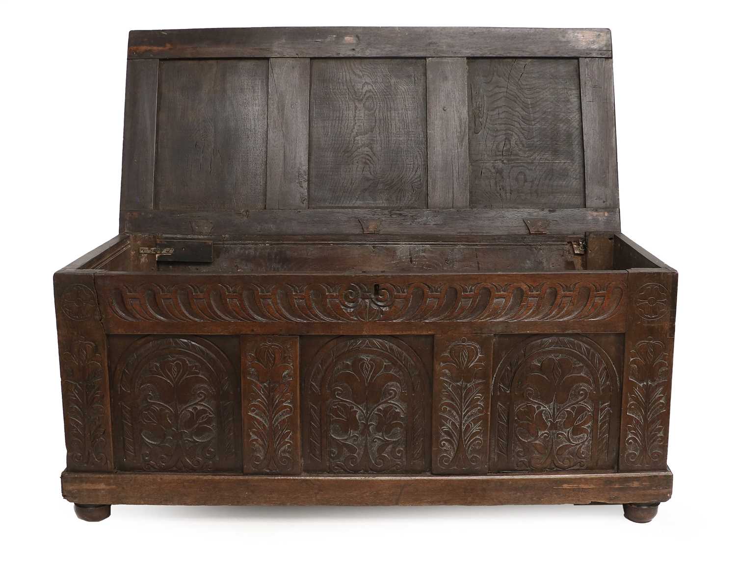 A Late 17th Century Joined Oak Chest, the hinged lid with three moulded panels enclosing a vacant - Bild 2 aus 2