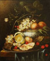 Attributed to Ida Calzolari (20th Century) Still life of oysters, a peeled lemon, peaches and grapes