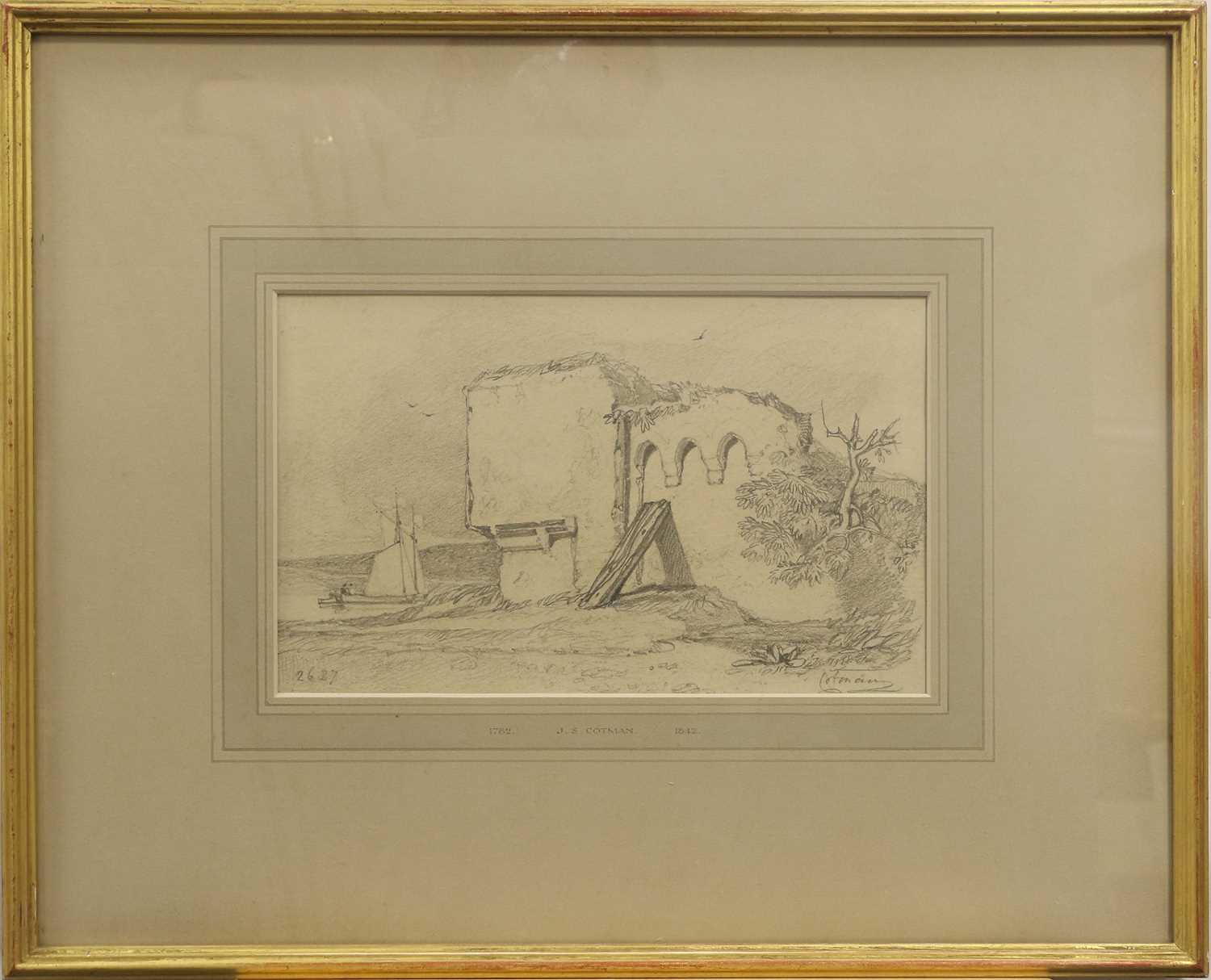 John Sell Cotman (1782-1942) Study of a ruined building with moored wherry Signed and numbered 2627, - Image 6 of 20