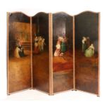 A Victorian Four-Leaf Close-Nailed and Painted Dressing Screen, mid 19th century, one side painted
