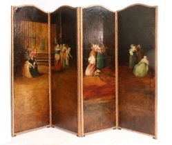 A Victorian Four-Leaf Close-Nailed and Painted Dressing Screen, mid 19th century, one side painted