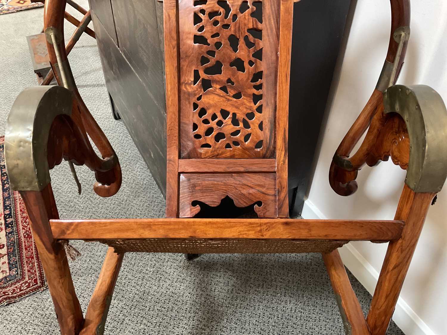 A Pair of 20th Century Chinese Hardwood Horseshoe-Back Folding Chairs, each with metal bands and - Image 9 of 16