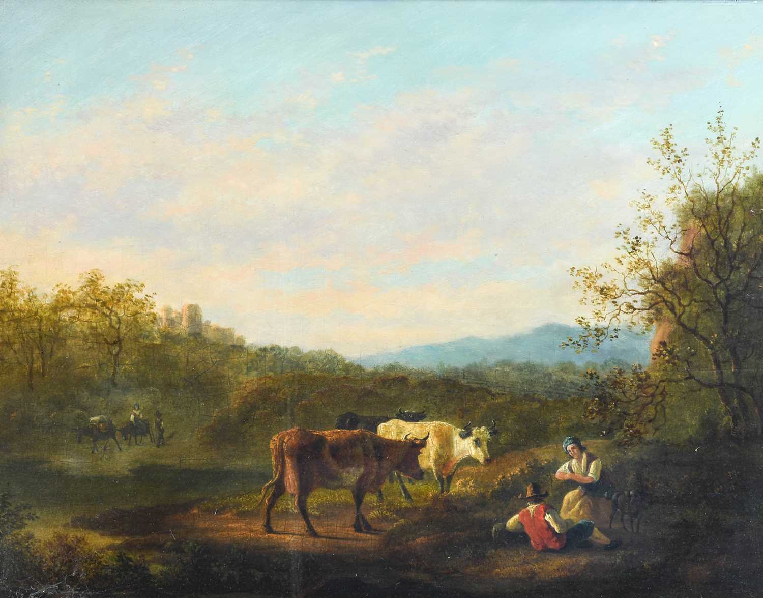 Manner of Nicolaes Pietersz Berchem (1620-1683) Dutch Cattle herder and other rustic figures at rest