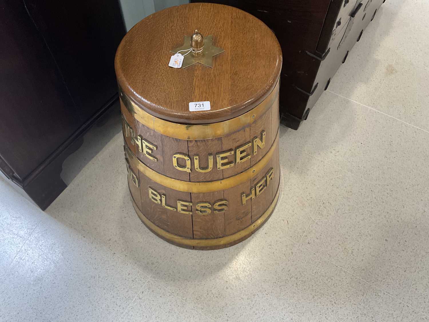 A Brass-Mounted Coopered Oak Naval Rum-Tub, applied with The Queen God Bless Her 34cm by 51cm - Image 3 of 5