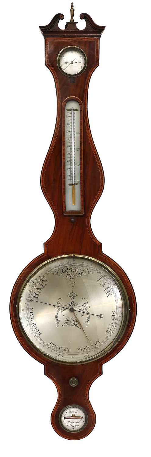 A Mahogany Inlaid Wheel Barometer, signed J Ponesi, Truro, circa 1820, swan neck pediment, inlaid