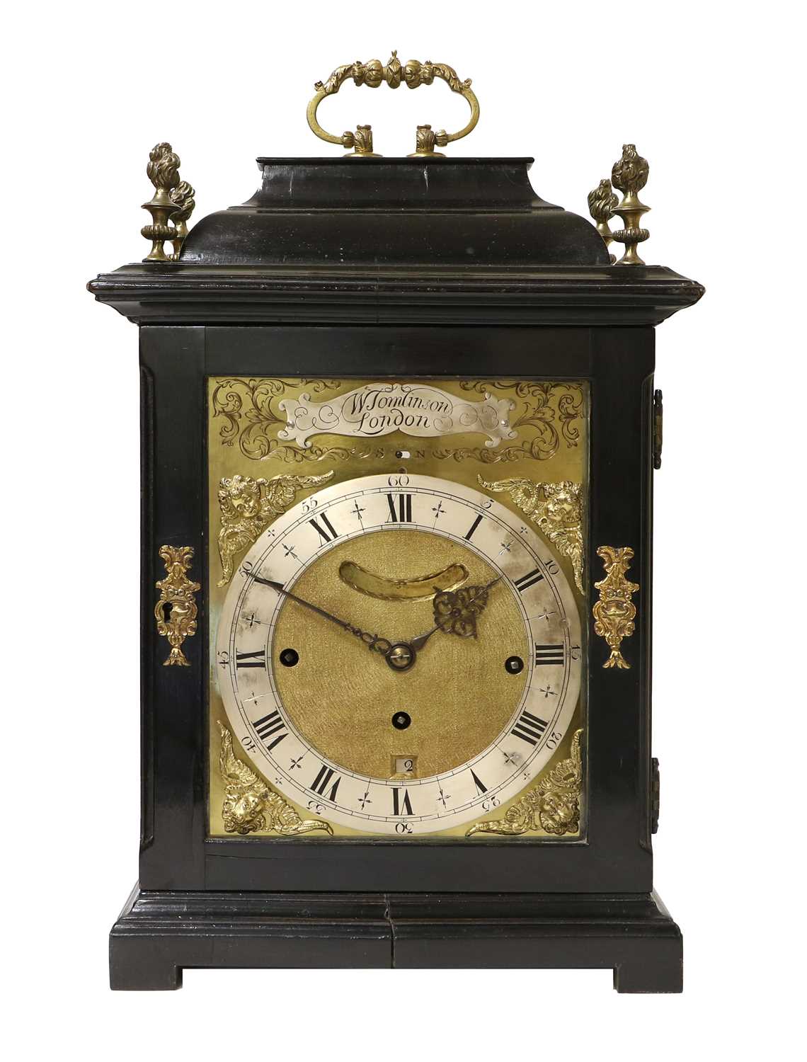 An Ebonised Chiming Table Clock, signed W Tomlinson, London, early 18th century, inverted bell top - Image 3 of 25