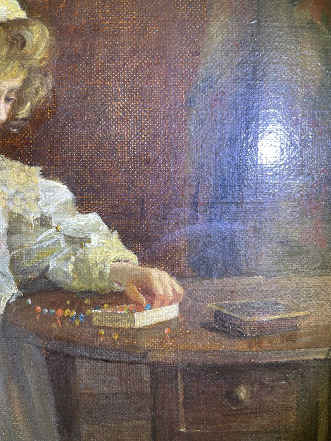 British School (Later 19th Century) Stringing a necklace - young lady standing in an interior - Image 7 of 11