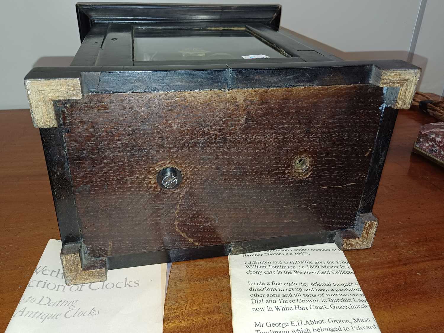 An Ebonised Chiming Table Clock, signed W Tomlinson, London, early 18th century, inverted bell top - Image 23 of 25