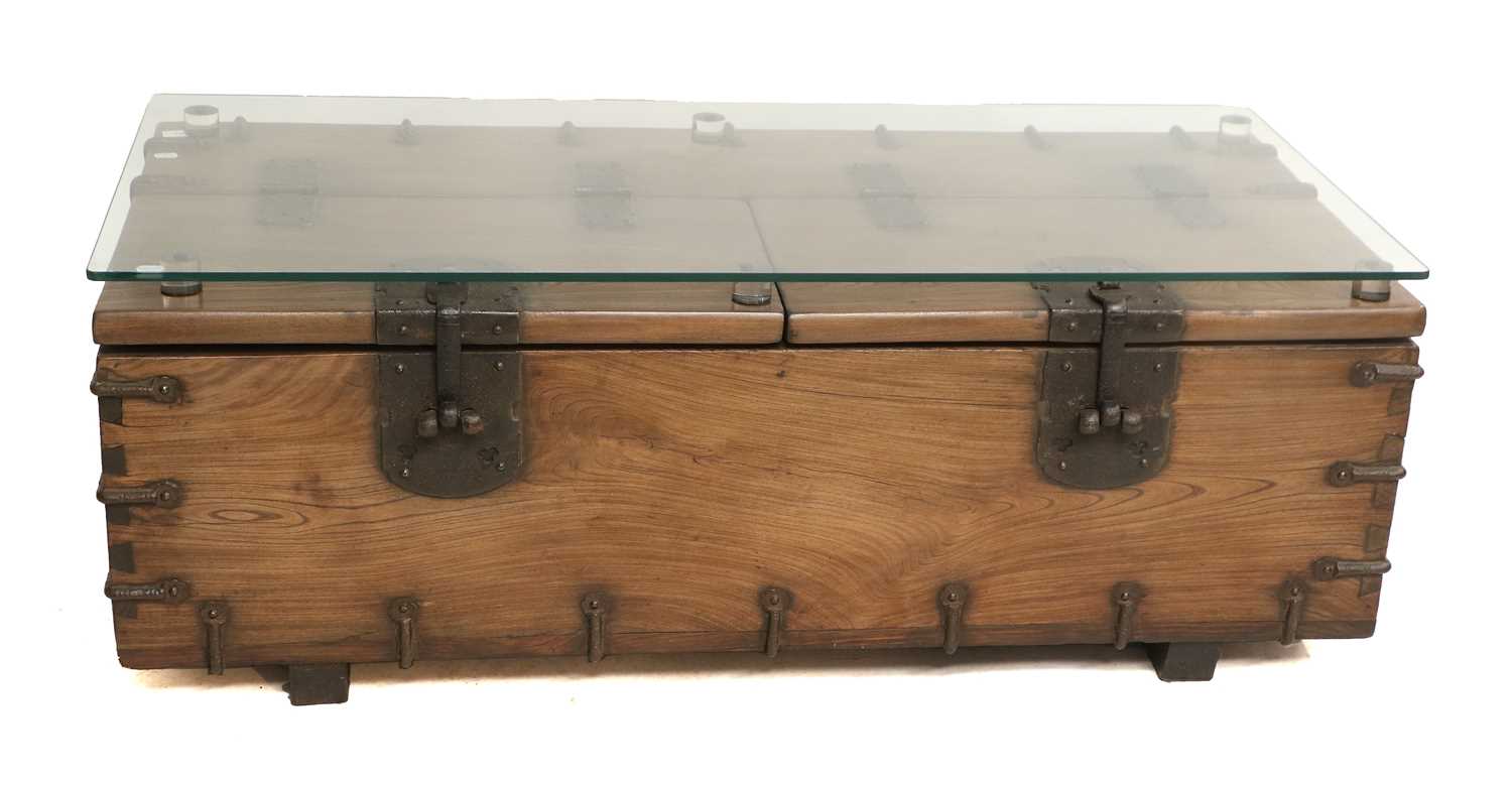 A Japanese Hardwood and Iron-Bound Trunk, modern, used as a coffee table with later glass top, the - Image 2 of 8