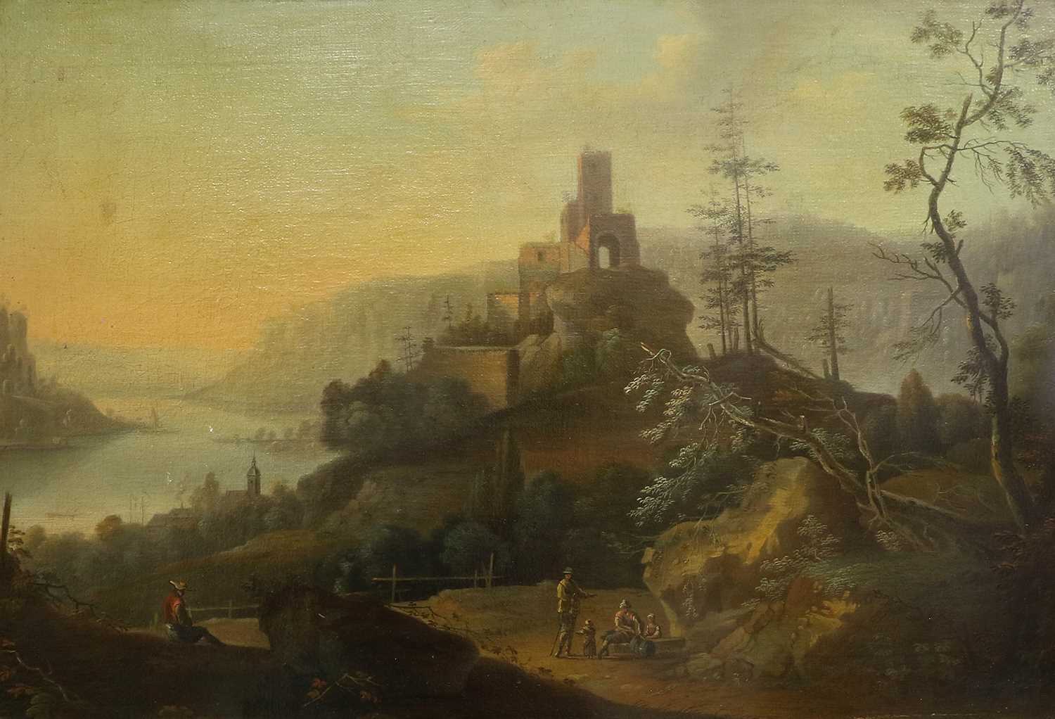 Follower of Johann Christian Vollerdt (18th Century) German Rhineland landscape with figures on a