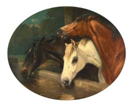 William Woodhouse (1857-1939) "Farmyard Friends" Signed, oil on canvas, 48.5cm dia. (oval) The