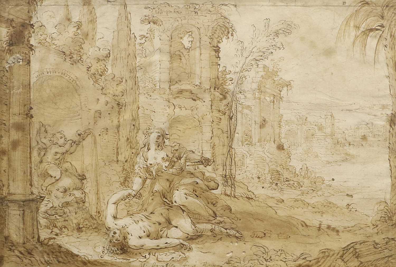 M *Arasser (17th/18th Century) Pyramus and Thisbe Signed and inscribed "Roma", brown ink and pencil,