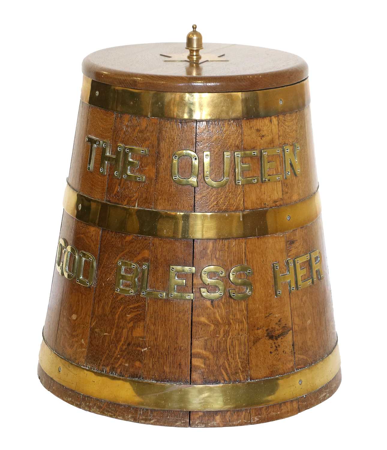 A Brass-Mounted Coopered Oak Naval Rum-Tub, applied with The Queen God Bless Her 34cm by 51cm - Image 2 of 5