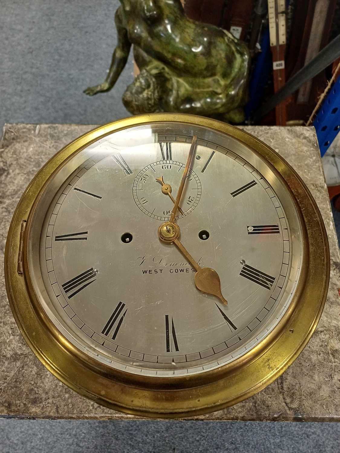 A Ships Type BulkHead Striking Wall Clock, signed J Dimmick, West Cowes, circa 1890, brass cast - Image 14 of 16