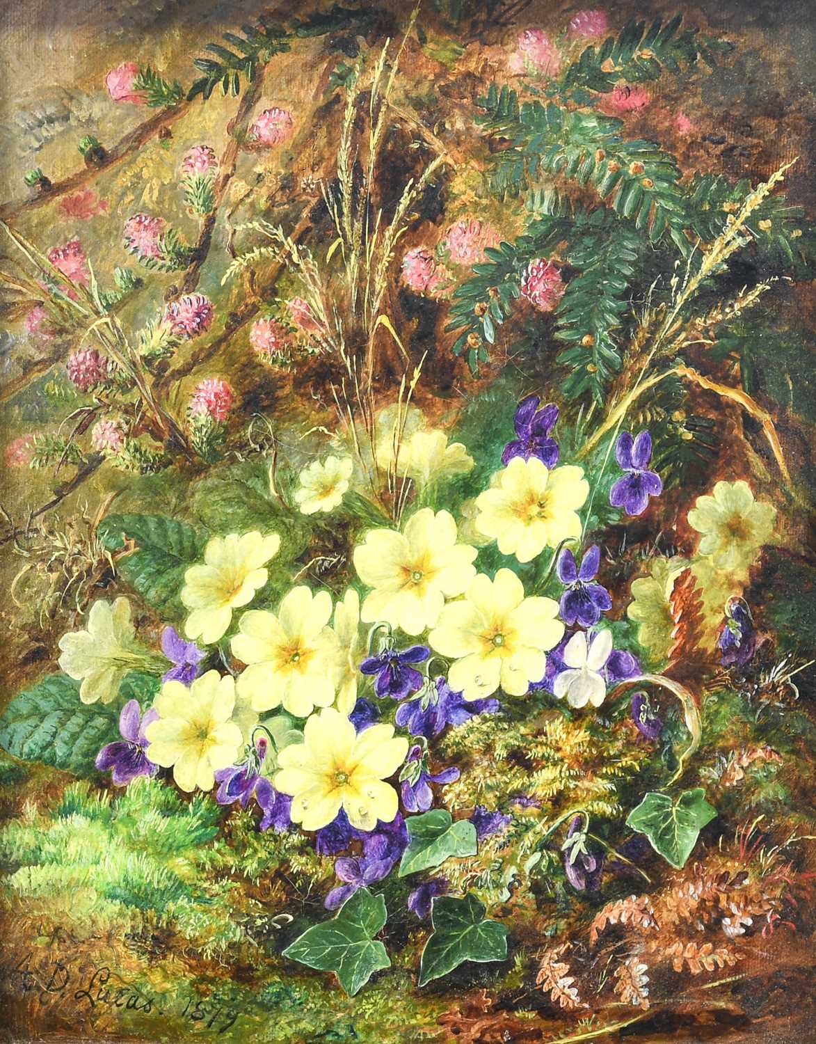 Albert Durer Lucas (1828-1918) Still life of Primroses and Violets on a mossy bank Signed and