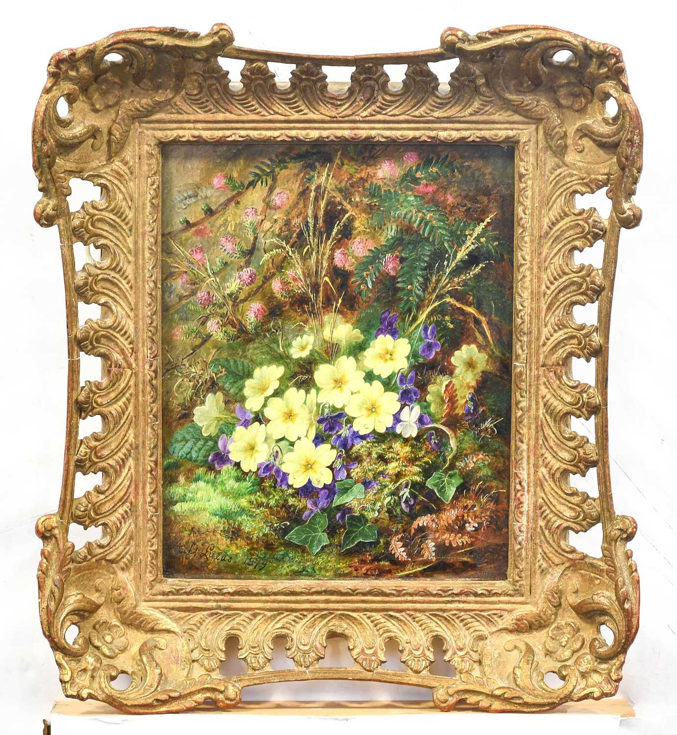 Albert Durer Lucas (1828-1918) Still life of Primroses and Violets on a mossy bank Signed and - Image 2 of 17