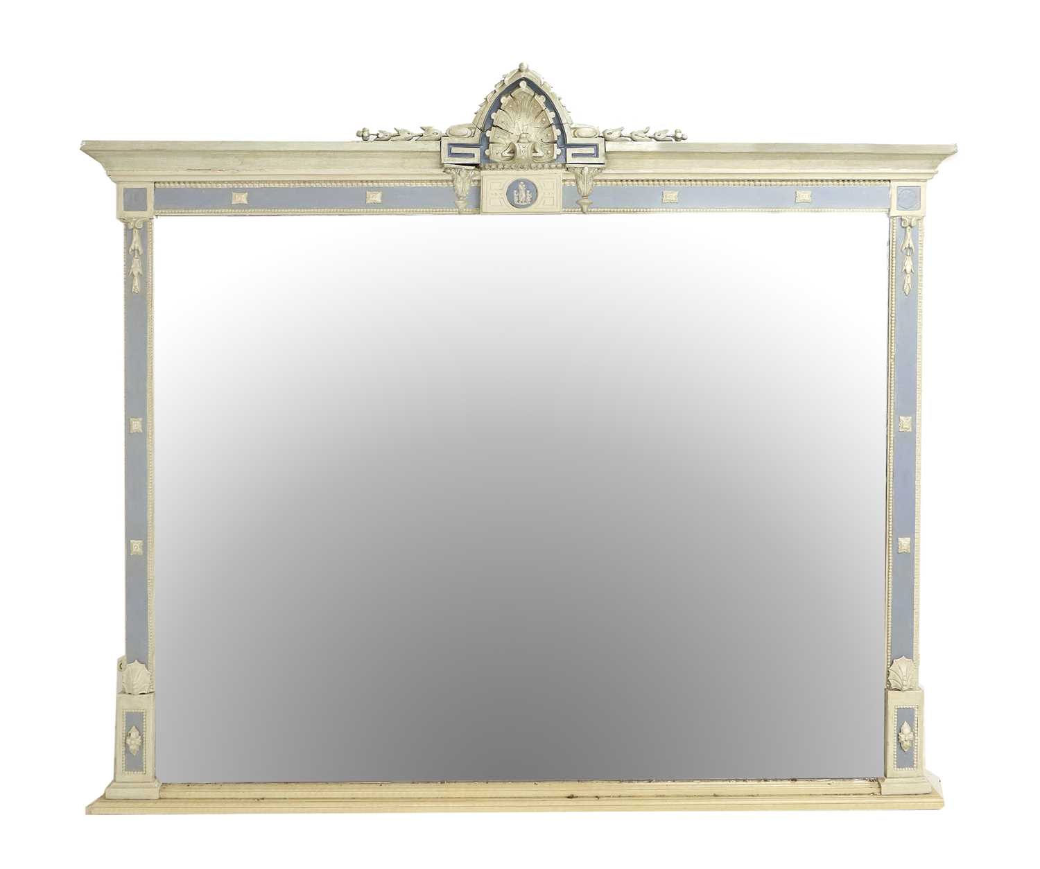 An Early Victorian Gilt and Gesso Overmantel Mirror, mid 19th century, repainted white and blue, the