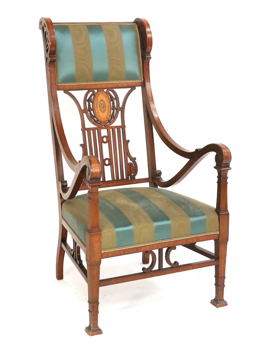 A Late 19th Century Walnut, Satinwood-Banded, Ebony and Boxwood-Strung Open Armchair, recovered in