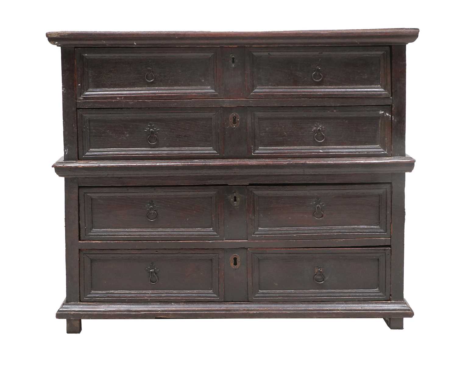 A Late 17th Century Oak Chest, in two sections, the moulded top above four two-as-one moulded