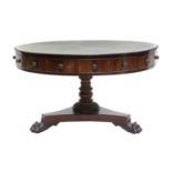 A Regency Mahogany Drum Table, early 19th century, with later green leather skiver above a gadrooned