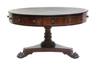 A Regency Mahogany Drum Table, early 19th century, with later green leather skiver above a gadrooned