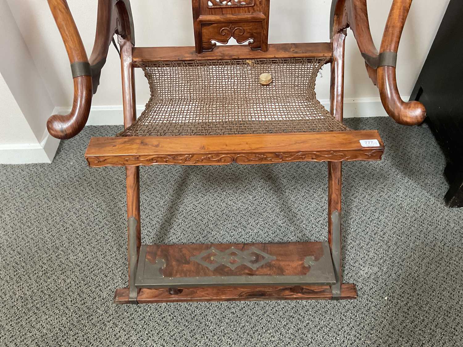 A Pair of 20th Century Chinese Hardwood Horseshoe-Back Folding Chairs, each with metal bands and - Image 2 of 16